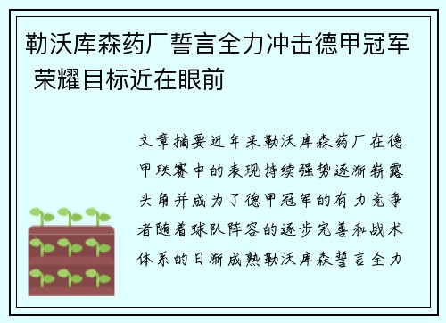 勒沃库森药厂誓言全力冲击德甲冠军 荣耀目标近在眼前