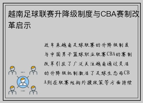 越南足球联赛升降级制度与CBA赛制改革启示