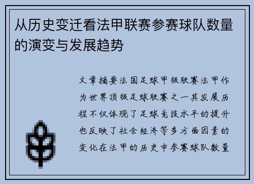 从历史变迁看法甲联赛参赛球队数量的演变与发展趋势