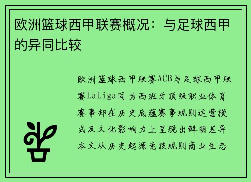 欧洲篮球西甲联赛概况：与足球西甲的异同比较