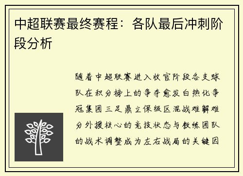 中超联赛最终赛程：各队最后冲刺阶段分析
