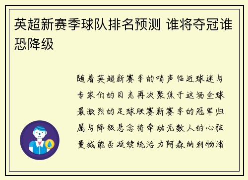 英超新赛季球队排名预测 谁将夺冠谁恐降级